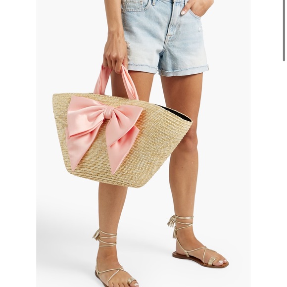 NEW EUGENIA KIM Carlotta Bow-embellished Straw Tote In Beige & Pink - Picture 3 of 9